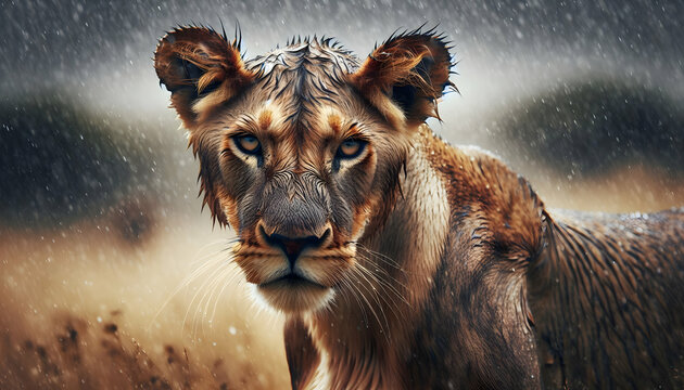 Safari Storm: A Lioness in the Kenyan Savanna, Her Coat Speckled with Rain, Embodying the Wild Spirit of Africa - Close-up on Rain Season Photo Stock Concept