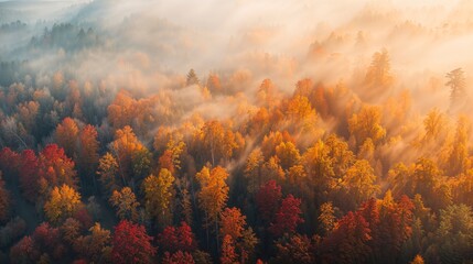 Natural landscape of a foggy forest during sunset from an aerial view