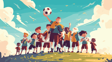 Obraz na płótnie Canvas Little school kids football team with a coach. Vect