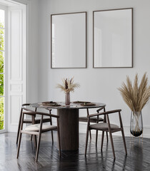 Classic white interior with dining table and chairs. 3d render illustration background mock up posters. 3d illustration