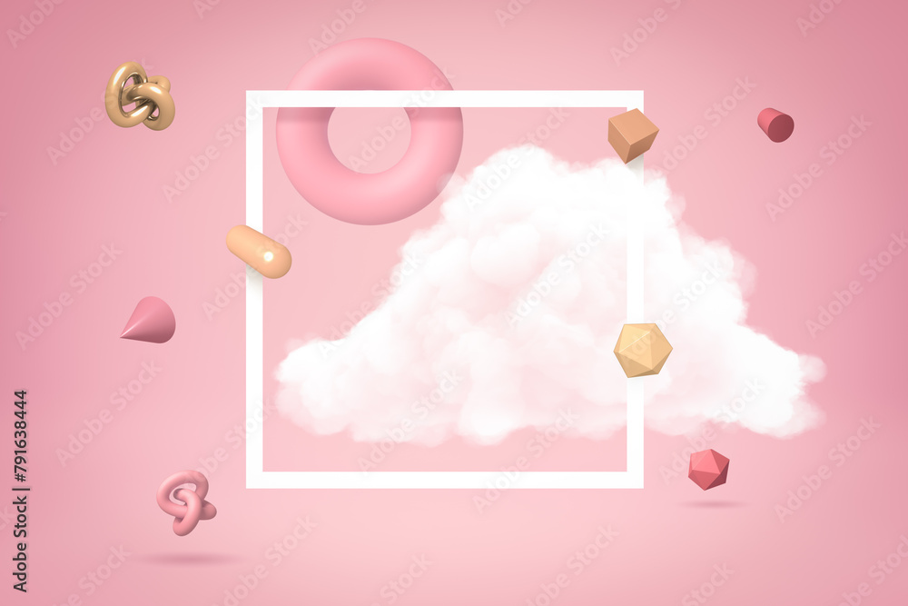 Poster 3d rendering of fluffy white cloud, square white frame and lots of geometric objects floating on pin