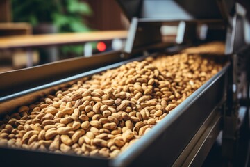 Nuts on a conveyor belt in a workshop at a factory. Nut production, conveyor process, production automation