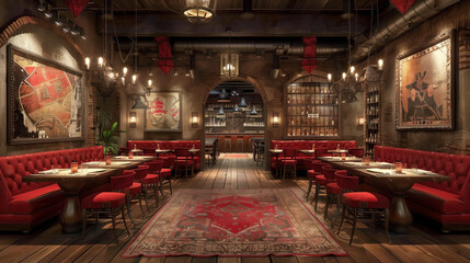 Elegant restaurant interior with red seating and vintage decor. Ambient lighting highlights the sophisticated bar area and art pieces