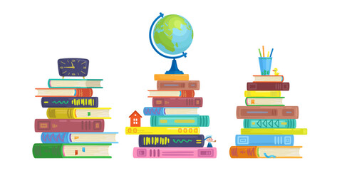 Three large stacks of books with toys, clock and globe on top. Isolated on white background. Vector flat illustration