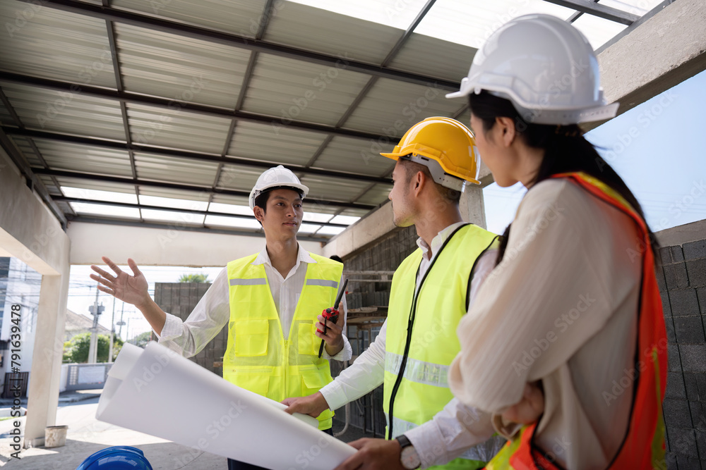 Poster construction of engineer or architect meeting for project working with partner and engineering tools