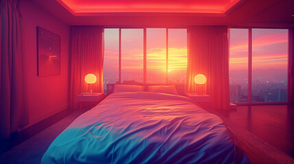 City sunset view from a neon-lit bedroom. The bedroom interior showcases a large bed with white linens, ambient neon lighting, and panoramic windows offering a sunset cityscape