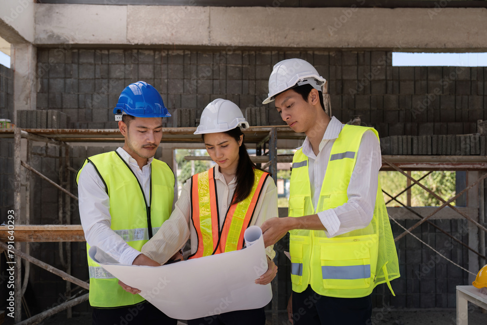 Aufkleber construction of engineer or architect meeting for project working with partner and engineering tools