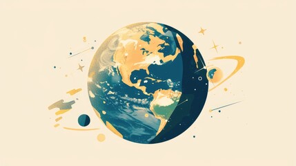 A flat illustration featuring Earth adorned with a label floating gracefully in the vast expanse of outer space against a simple white backdrop
