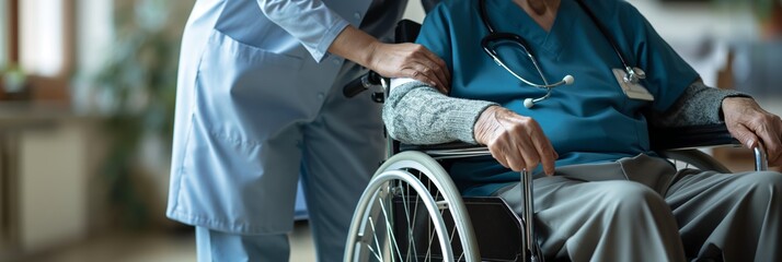 An elderly man in a wheelchair being cared for by a nurse, portraying the compassion of healthcare workers - obrazy, fototapety, plakaty
