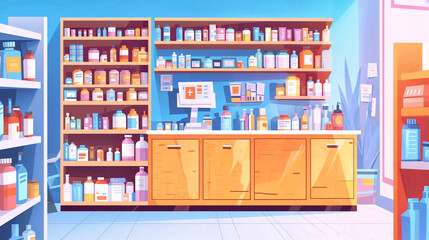 A Cartoon Illustration Of A Pharmacy With Shelves Of Medication And A Counter. Flat Style. Ideal for Advertising Banner