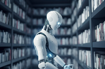 A robot in a library with holographic screens, symbolizing the fusion of advanced technology and human knowledge