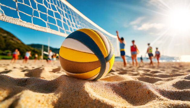 Extreme close-up and bottom view of a volleyball ball on sandy beach with blur image of players playing in background and volleyball net at summer sunny day. Beach volley concept. Generative Ai.