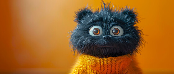 A black furry stuffed animal with a yellow sweater and a big, wide open mouth