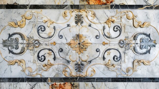 vintage tiles with painting. texture background of vintage marble with patterns. top view. copy space.