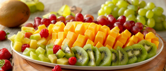 Plate with variety of fresh fruits including kiwi, mango, and grapes