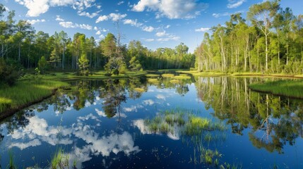 Obraz premium View of lake with trees and grass