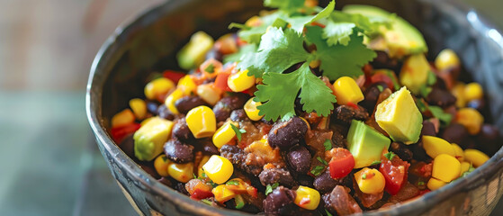 A bowl of food with corn, black beans, avocado and cilantro