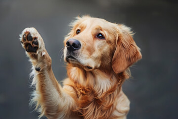 Funny dog with raised high paw showing high five gesture. Pet greeting his owner