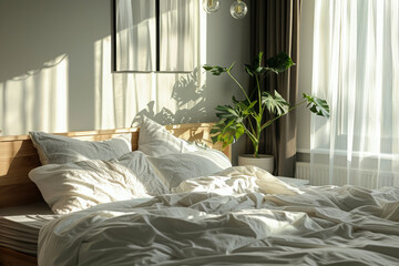 Morning light in modern bedroom with unmade bed with crumpled sheets