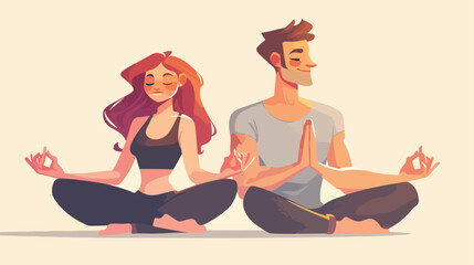 Man and woman meditate in lotus pose. Cartoon happy