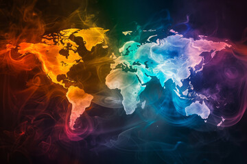 Vibrant colored smoke in shape of world map against dark background.
