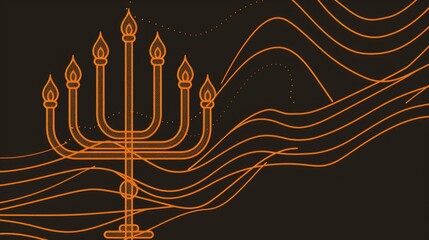 A stylized line art representation of a menorah on a dark background