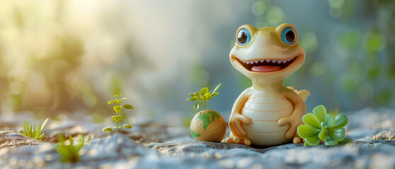 Naklejka premium Small frog smiling and happy sitting on rock with green plants