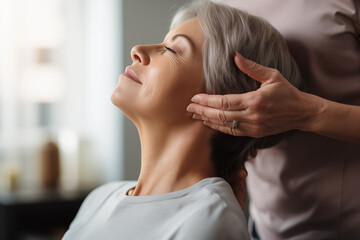 Caucasic older woman in a physiotherapy session to take care of her neck and cervical spine. Relaxation and health care for the elderly.
