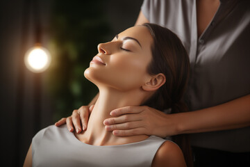 Physiotherapy and chiropractic massage. Young Caucasian woman relaxing as the hands of a female physiotherapist massages her neck.
