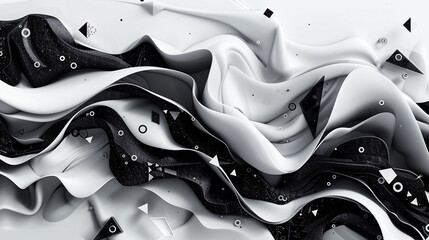 Abstract black and white waves evolve into geometric shapes.