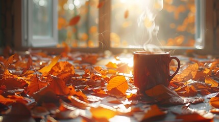 Cozy autumn setting featuring a steaming mug of coffee surrounded by fallen leaves, with warm sunlight filtering through