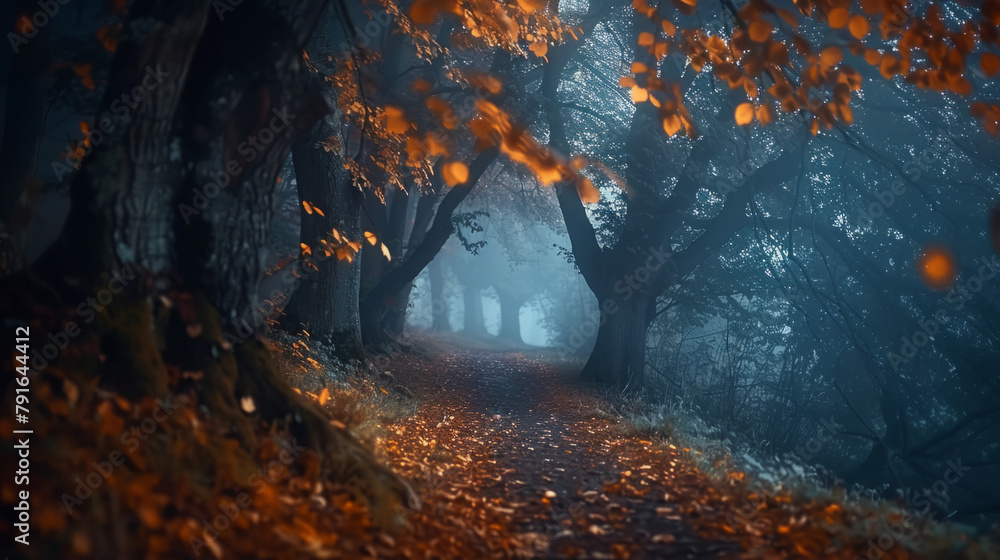 Poster the mystical atmosphere of a forest path at dusk, with shadows whispering among ancient trees and le