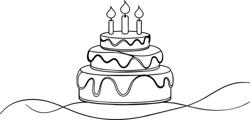 Continuous one line drawing of birthday cake with candles. Symbol of sweet celebration torte and pastry confectionery icon concept in simple linear style