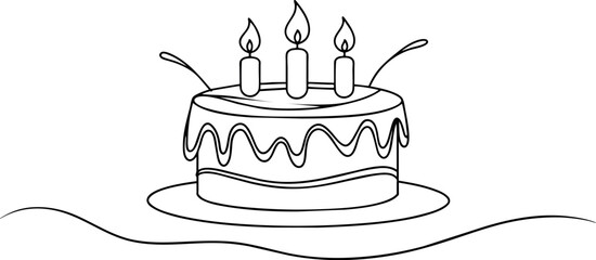 Continuous one line drawing of birthday cake with candles. Symbol of sweet celebration torte and pastry confectionery icon concept in simple linear style