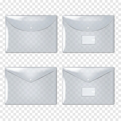 Clear plastic envelope folder with snap button closure. Vector mock-up set. Transparent PVC file holder, document case poly bag. Mockup kit