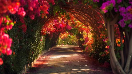 Bougainvillea vines cascade in a riot of color, forming an enchanting tunnel that seems to shimmer...