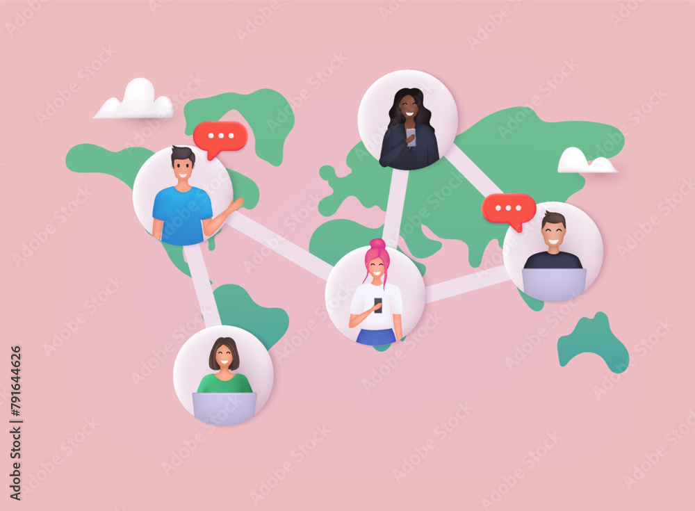 Poster social contacts of people connected by nodes and lines. global communication network. social media c