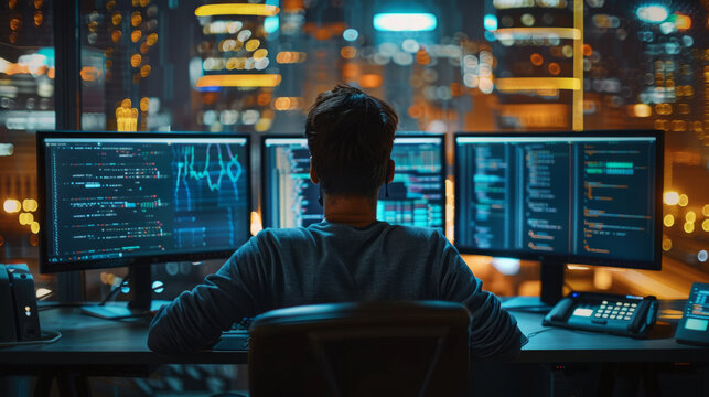 A developer debugging machine learning algorithms, dual monitors with code and data visualization.
