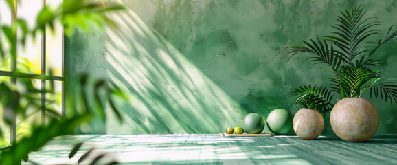 Green walls and plants in a sunlit room convey a sense of calm and tranquility, with a focus on natural elements and a minimalist aesthetic, in the style of contemporary interior design.
