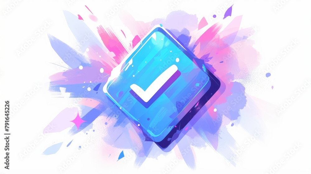 Poster comic style check mark icon with a confirm button in a cartoon 2d illustration set against a white b