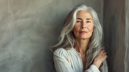 Fototapeta premium Mature female portrait with a gaze that tells a story. Great for themes of experience, life stories.