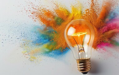 Lightbulb Against a Vibrant Color Powder Explosion - Creativity, Innovation, Energy - Photography, Advertising.