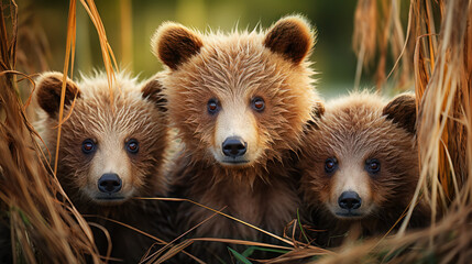 Trio of bear cubs peeking out of tall grass. Generative ai.