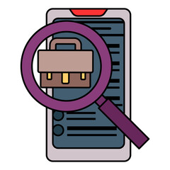 Job Hunting or finding mobile screen concept, Magnifying glass with bag on cellphone vector icon design,  out of work  symbol,  Layoff sign, Unwaged stock illustration