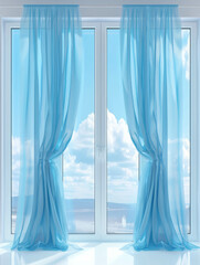 Transform your designs with this tranquil photograph of a window with curtains, framing a picturesque view of the sky and clouds. Discover AI generative possibilities for visual enhancement.