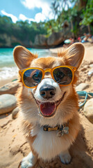 Elevate your projects with this adorable image capturing Corgi dogs happily playing in the refreshing sea waves. AI generative technologies available for creative inspiration.