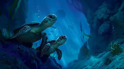AI illustration of turtles facing each other at the bottom of a rocky surface