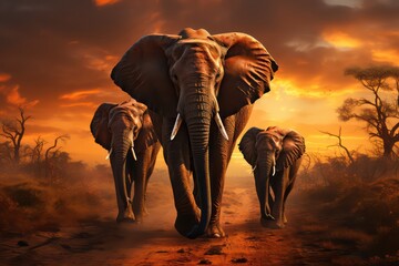 elephants at sunset