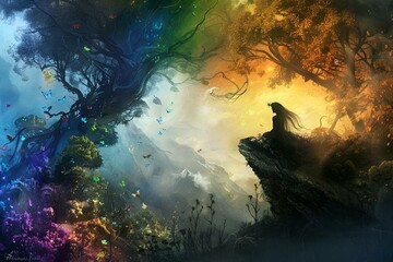 AI illustration of a woman on cliff gazes at vibrant rainbow