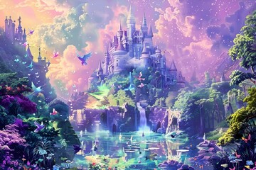 AI illustration of a colorful forest with butterflies fluttering over a distant castle